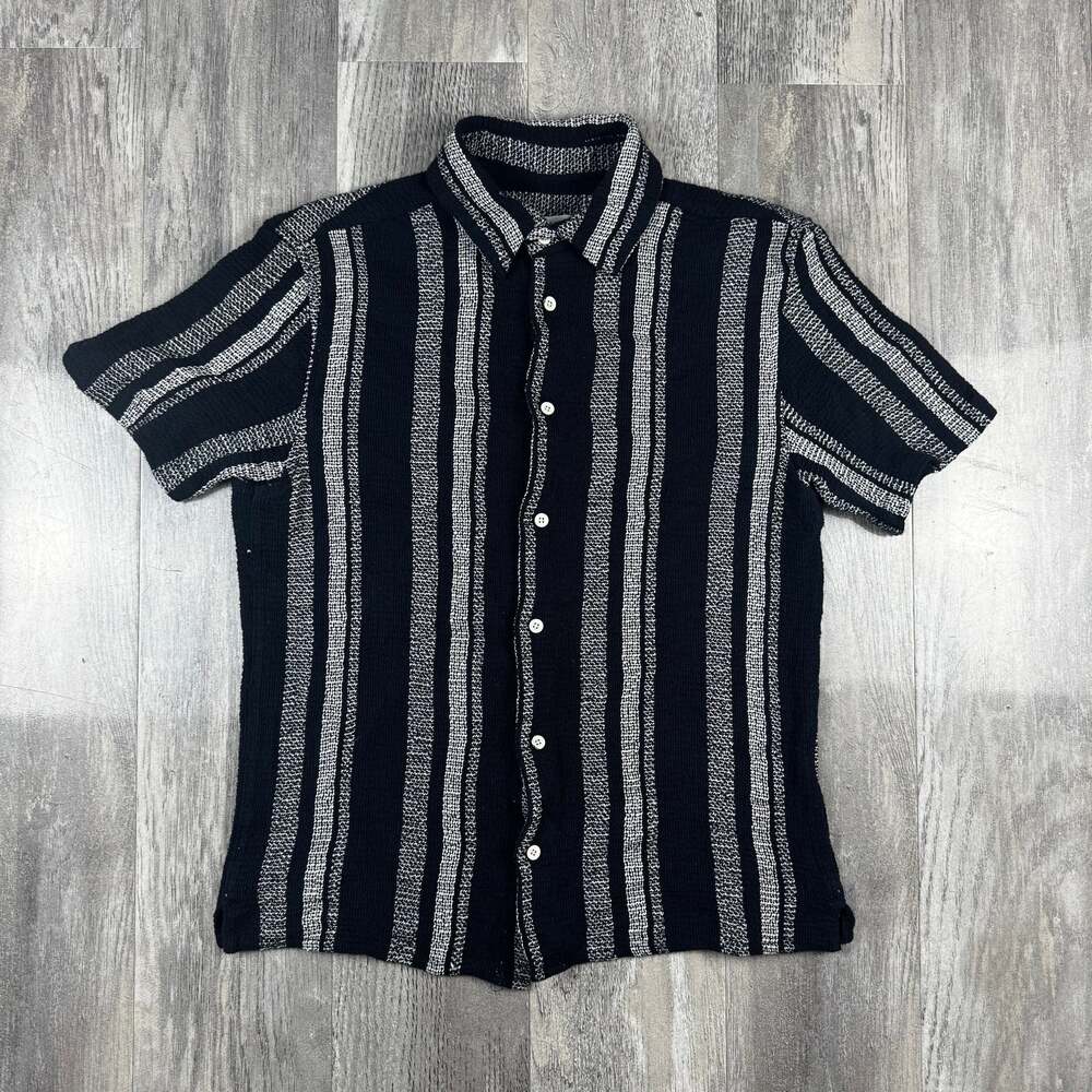 Zara Black and White Striped Textured Short Sleeve Crochet Button Down Shirt